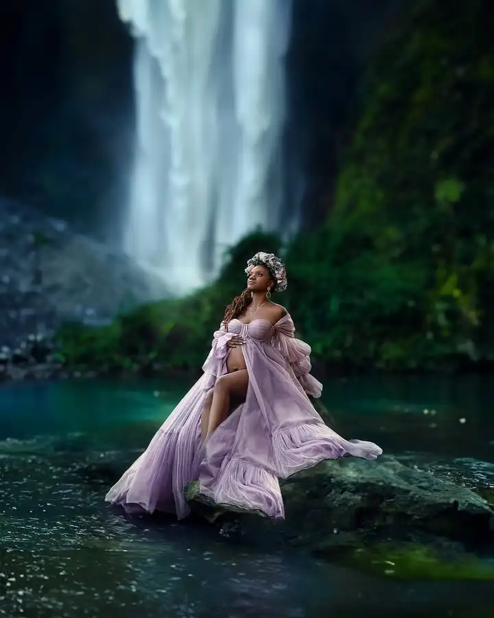 قبالة الكتف كم طويل ألف خط Gravida التصوير فساتين الجبهة الشق الضوء الأرجواني فستان الأمومة لاستحمام الطفل مخصص