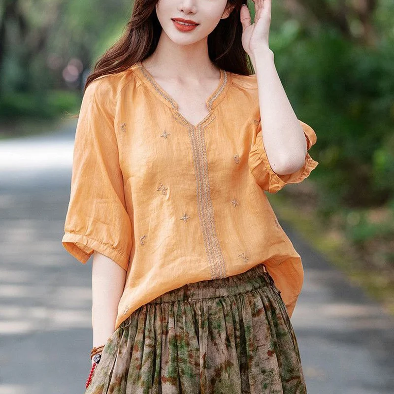 Blusa de manga corta con bordado de lino y algodón 2023 para mujer, camisa informal holgada a la moda, Estilo Vintage literario, jerséis para verano