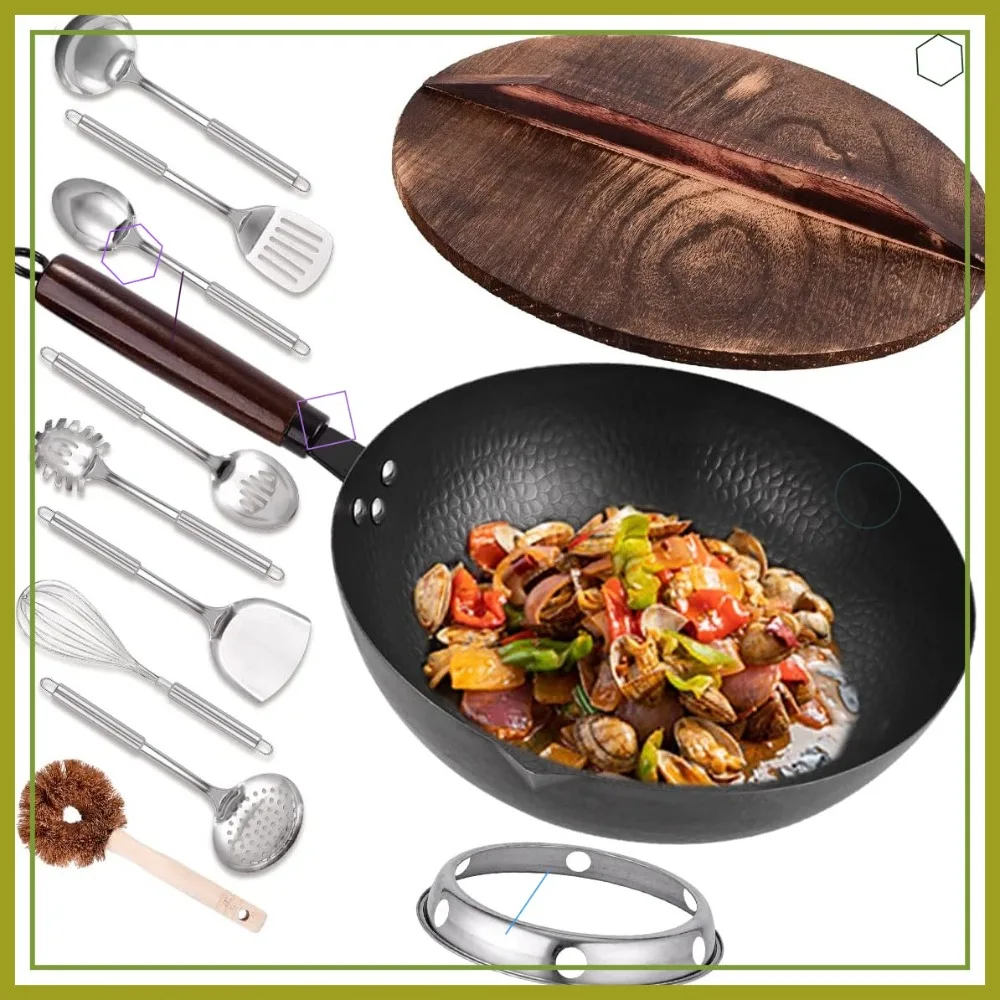 

12.8" Carbon Steel Wok Set with Lid & 10 Accessories, Honeycomb Non-Stick Design for All Stovetops