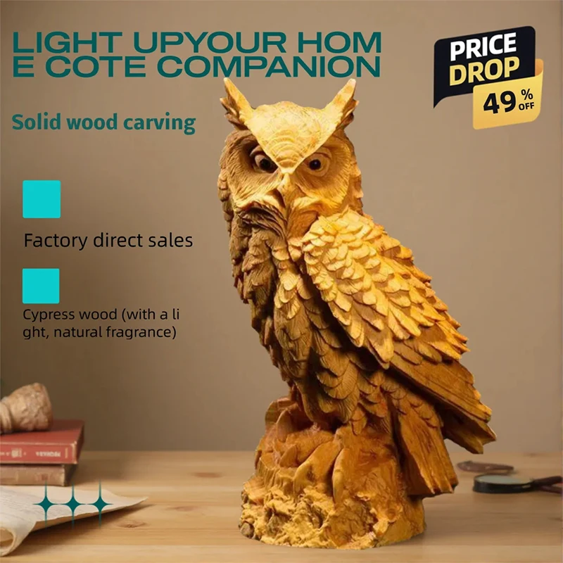 Natural Cypress Animal Owl Figurine， Solid Wood Carving Cute Home Room Office Car Decoration Featured Statue 4.32 in