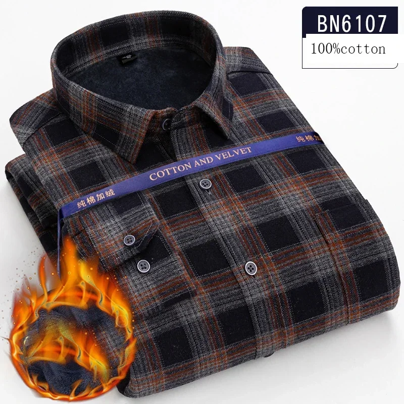 New in shirt 100%cotton over size 8XLLong Sleeve Warm shirts for men Winter Plush thicken striped plaid tops comfortable clothes