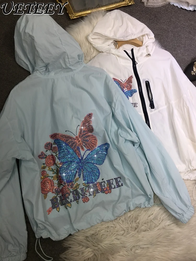 

Heavy Industry Hot Diamond Printed Sunscreen Shirt Women's Light Thin Hooded Cardigan Jacket Cool Summer Versatile Zipper Tops