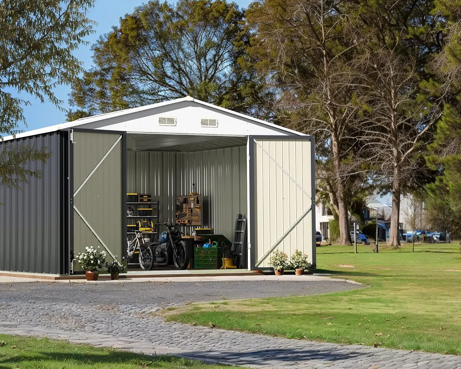 Greesum Outdoor Storage Shed 10 x 10 ft. Utility Tool Shed Metal Storage Garden Shed with Door & Lock for Patio Storage, Gray