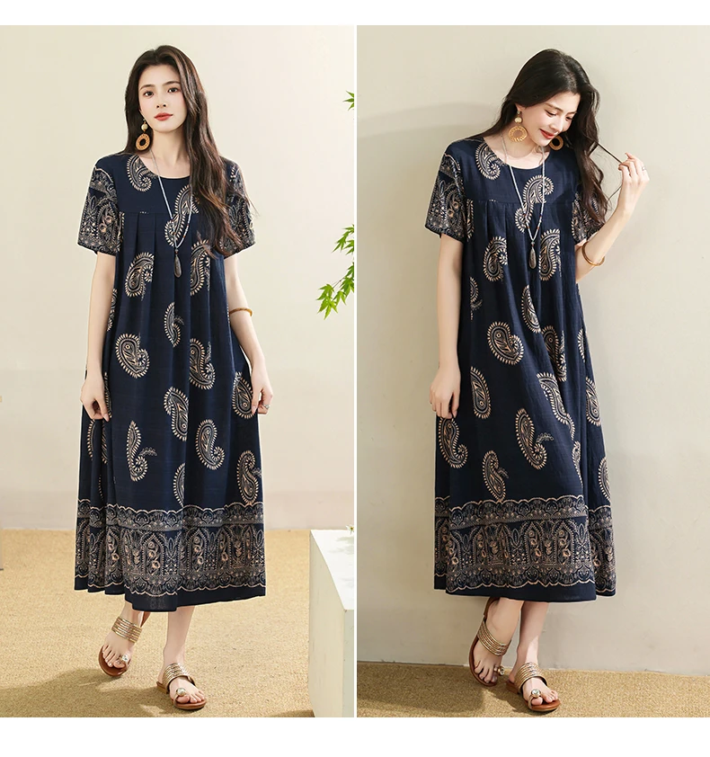 New 2025 Summer Dress For Women Plus Size Dress Casual Short Sleeve Boho Vintage Print Long Maxi Dress Beach Women Clothing