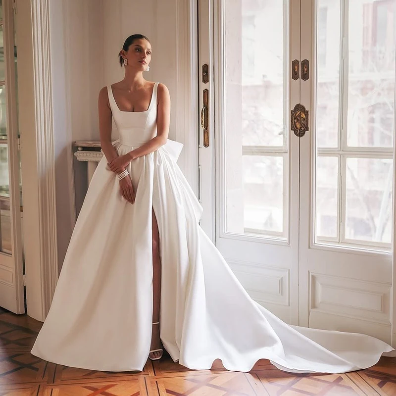 

A-Line Wedding Dresses Square Collar Sleeveless Satin Bridal Dress Women Evening Wedding Prom Gowns Customized