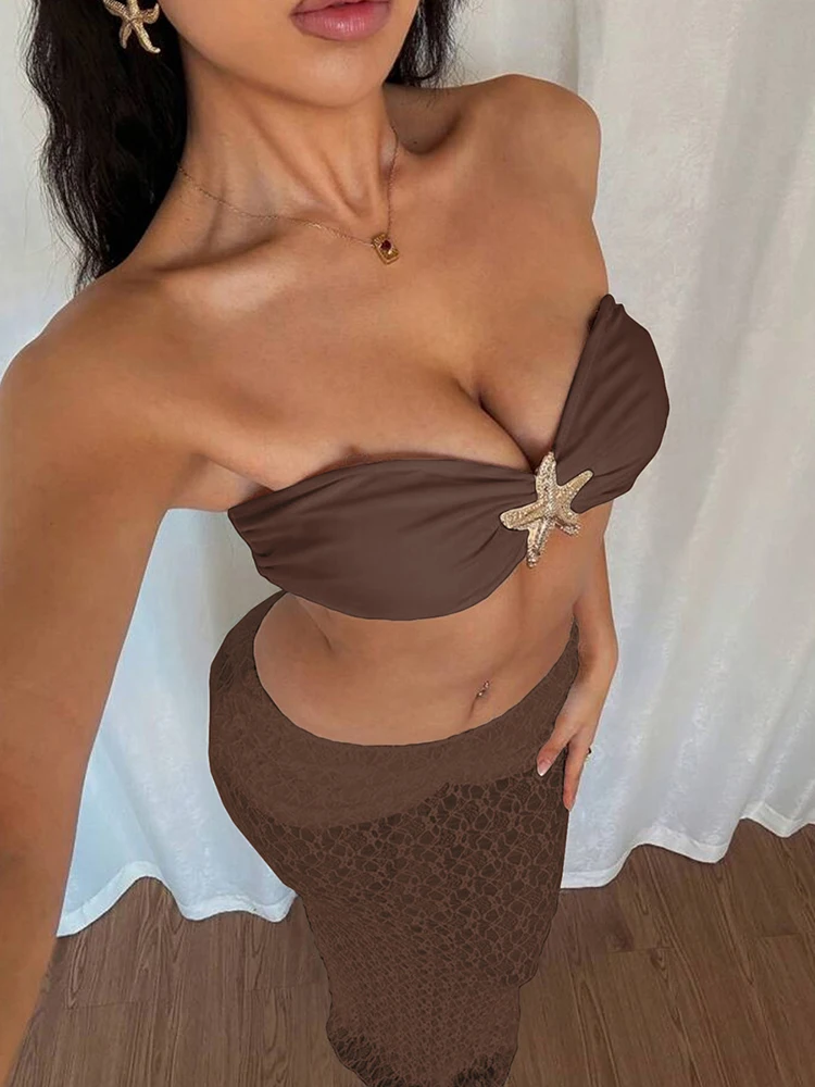 

Macheda Sexy Fashion 2 Piece Set Women Metal Starfish Decoration Bra Tops+Mesh Patchwork Skirts Vacation Beach Style Outfits