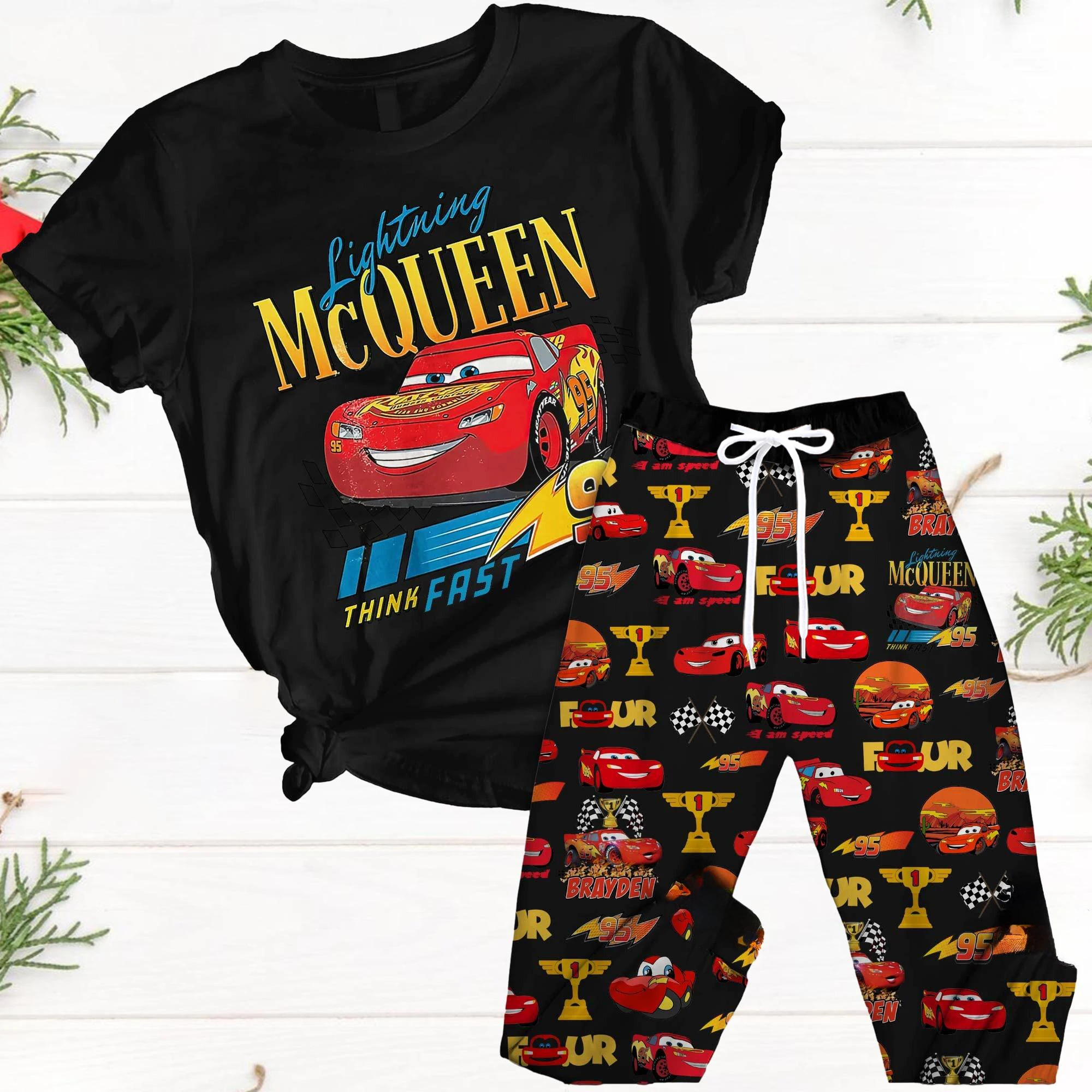 

Новая пижама Disney's Lightning Mcqueen And Sally для пар, S-4XL, тонкие дышащие и удобные брюки с короткими рукавами, мужской и женский комплект