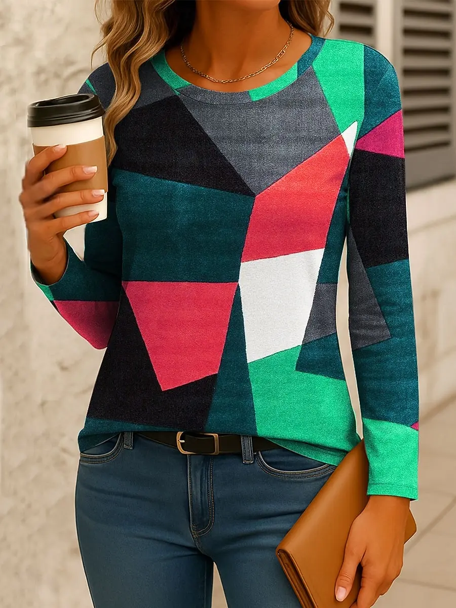 Women's T-shirt 3D irregular geometric print fashionable long-sleeved round neck regular top holiday spring and autumn