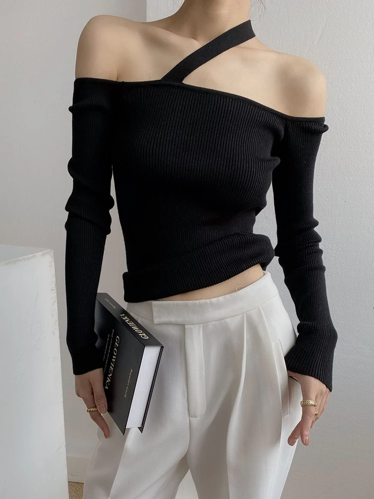 TWOTWINSTYLE Solid Sexy Knitting Sweater For Women Irregular Collar Long Sleeve Minimalist Off Shoulder Sweaters Female Fashion