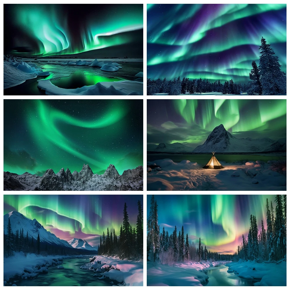 الشتاء أورورا ليلة المشهد الطبيعي خلفية القطب الشمالي الثلوج توج الجبال بحيرة السماء المرصعة بالنجوم المشهد خلفية التصوير الدعائم