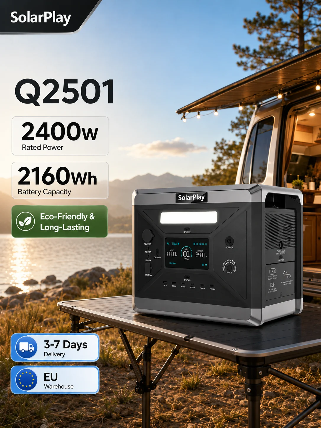 Tragbare Powerstation SolarPlay Q2501 2400W Spitzenleistung 4800W 2160Wh Solargenerator 1100W Schnellladung 3500+ Zyklen Mehrere Anschlüsse für Notfälle zu Hause, Camping, Wohnmobile, Off-Grid-Reisen