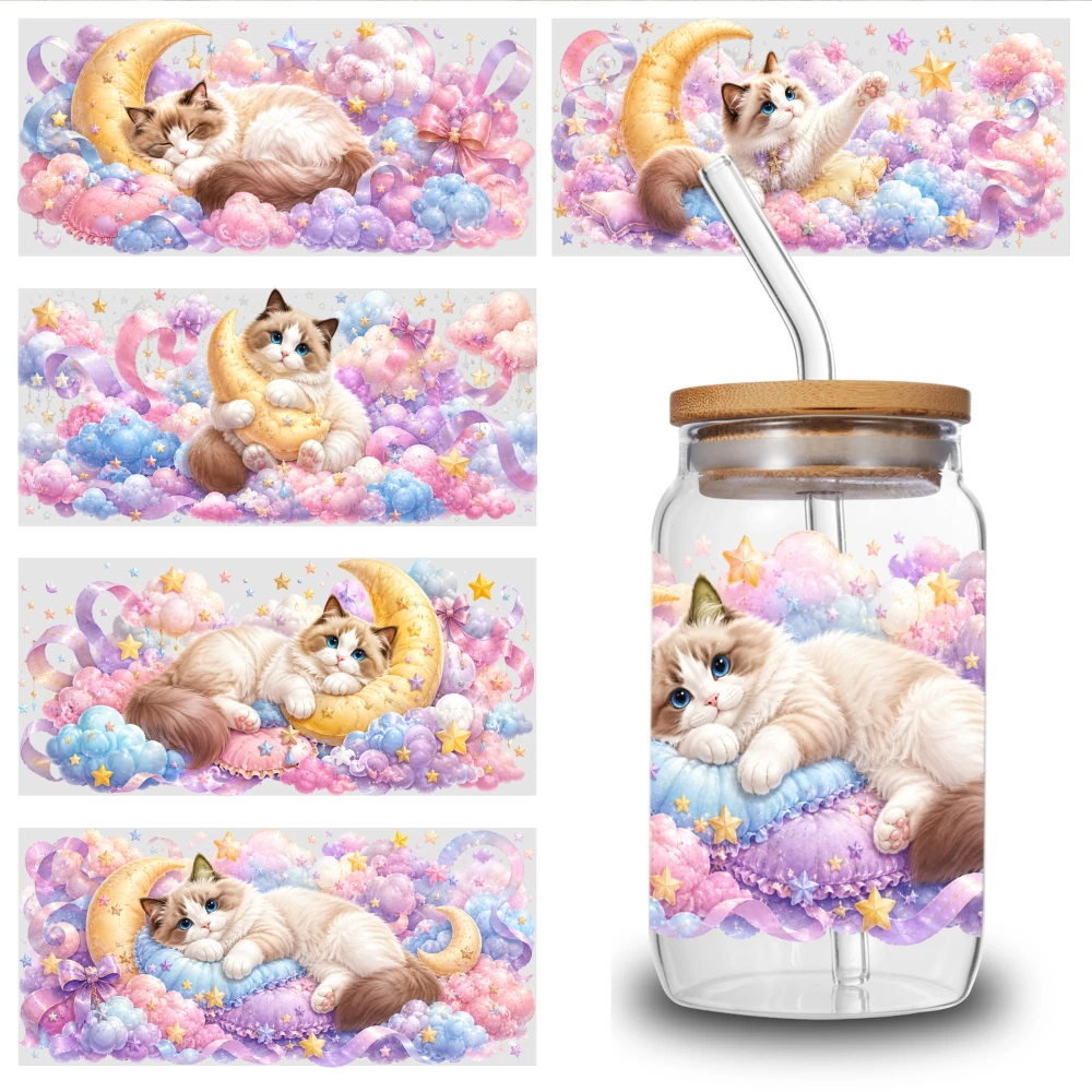 5 Sheets Cat Moon Clouds Stars UV DTF Stickers for 16 oz Tumbler Suitable for 16 oz Glass Glass DTF Transfer Stickers