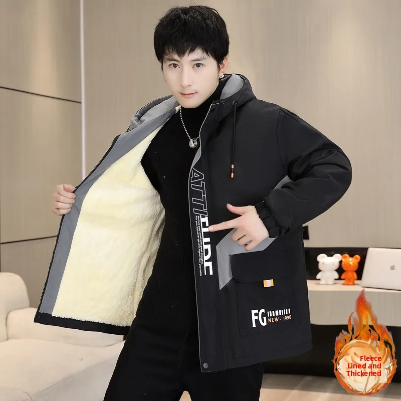 

New Autumn Winter Men's Fce Lined Hooded Jaet Faionable Youthful Color Blo Letter Print Outerwear Polyester Fiber