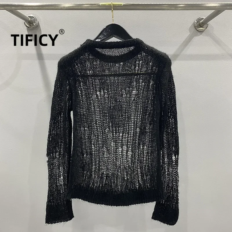 TIFICY High Street Sweater Tops Women's Dark Mesh Hollow Knitted Mohair Comfortable Pullover Versatile Women's Jumpers