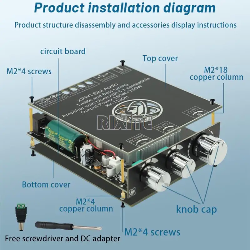 XY-T160H High-bass Adjustment Bluetooth Audio Power Amplifier Board Module Two-channel Stereo TDA7498E 160WX2 Amplifier Board