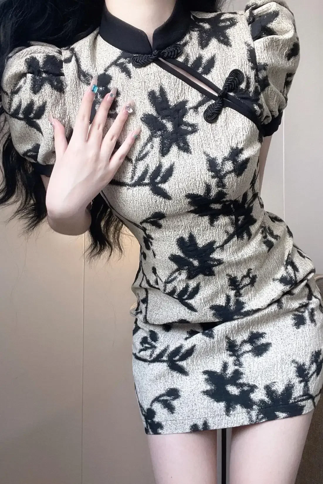 빈티지 여름 드레스 여성 2023 Vestidos De Mujer 스탠드 넥 짧은 소매 꽃 Bodycon 미니 드레스 기질 가운 Femme