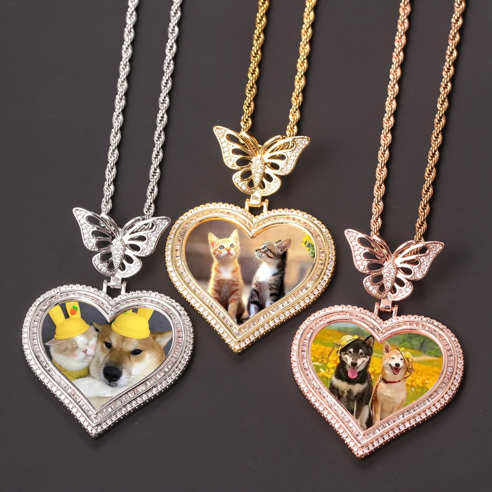 

New Exquisite Iced Out Picture Butterfly Hook Pendants Hip Hop Love Heart Frame Men Women Couple Photo Pendant Necklace Jewelry