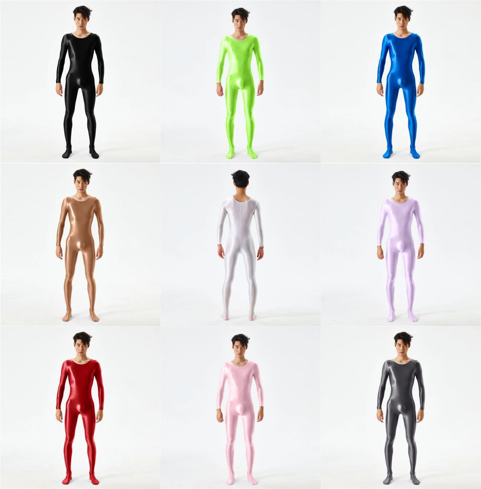 Mens Shiny Glossy Zentai Suit Lingerie Long Sleeve Bodystocking Sport Gym Fitness Bodysuit Jumpsuit Costume