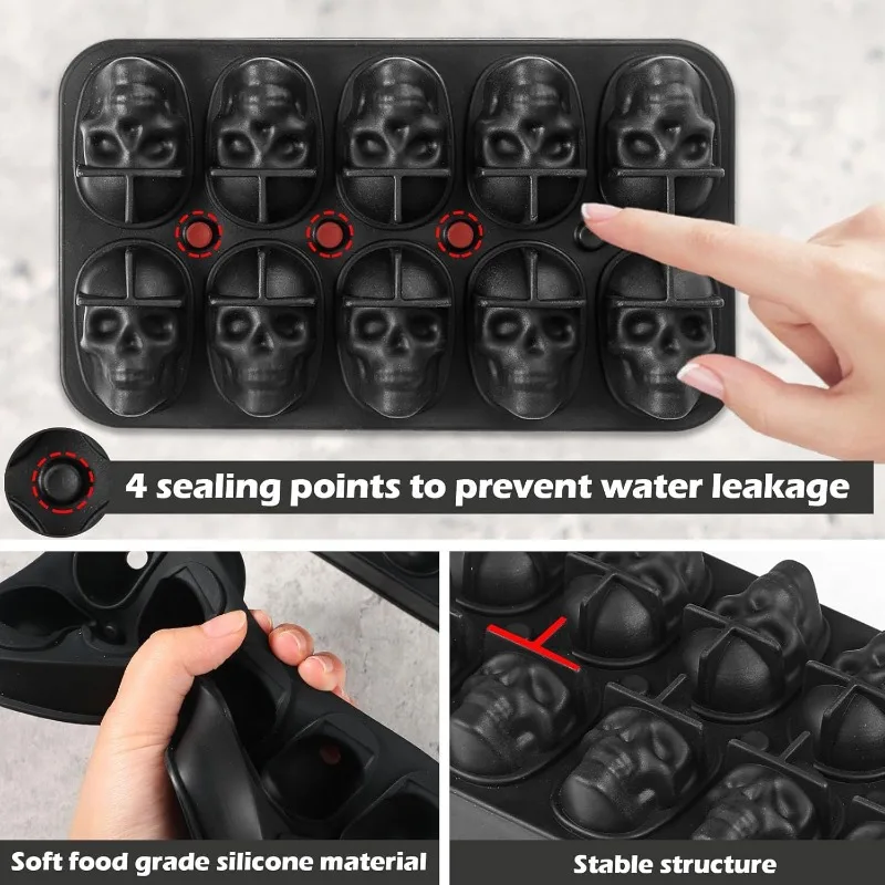 Eiswürfelform mit Totenkopfkopf-Motiv, 10 Mulden, mit Trichter, Eisform zum Kühlen von Whiskygetränken, 3D-Schädel-Silikonform zum Backen von Halloween – Detail 6