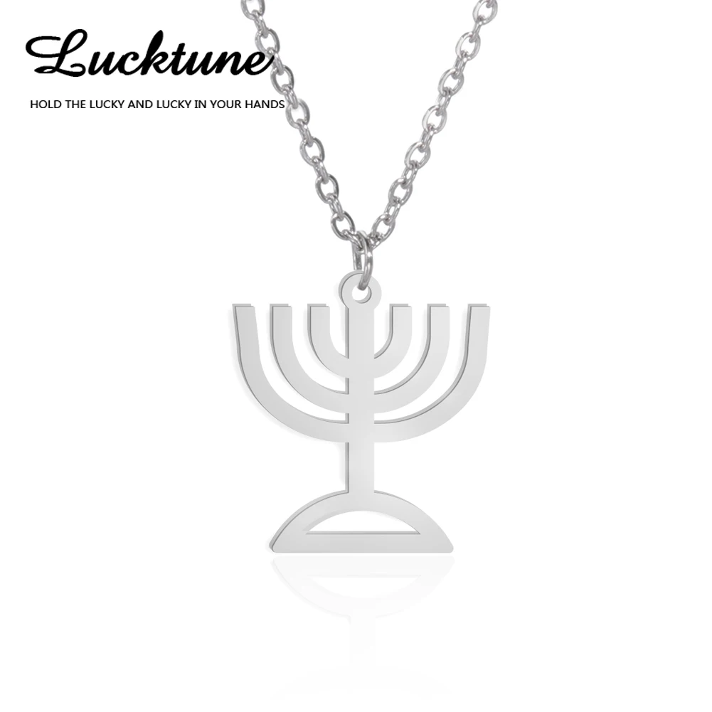 Lucktune Judaism Menorah Pendant Necklace Stainless Steel Lampstand Sacred Amulet Chain Necklace for Women Men Vintage Jewelry