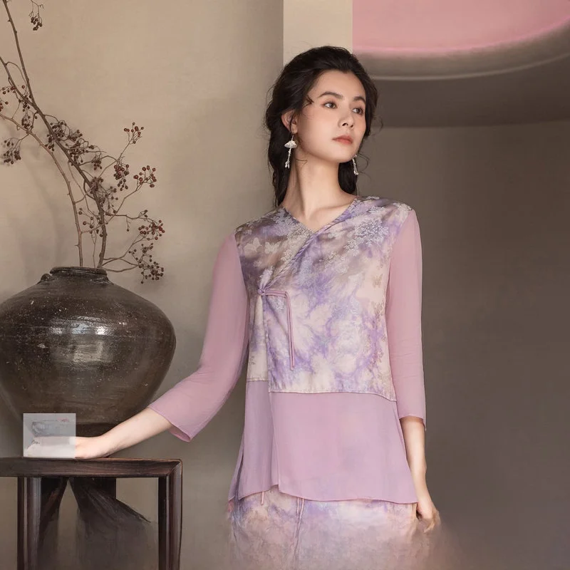 

Women's Loose Fit Long Sve irt adient Dyeing Print Splice V-Ne Spring Summer New Arrival Pink Purple Blouse