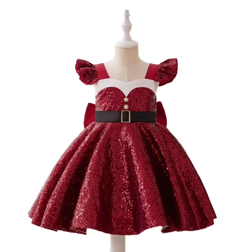Girls' Christmas Red Princess Party Dress Elegant Sequin Gown for 3 - 8 Years Birthday Wedding Children Red New Year Dress ASQ03