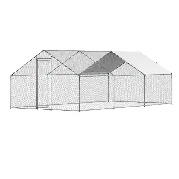 

Metal Chicken Coop 9.8x19.6x6.5 ft Walk-in Chicken Run with Cover Spire Roof