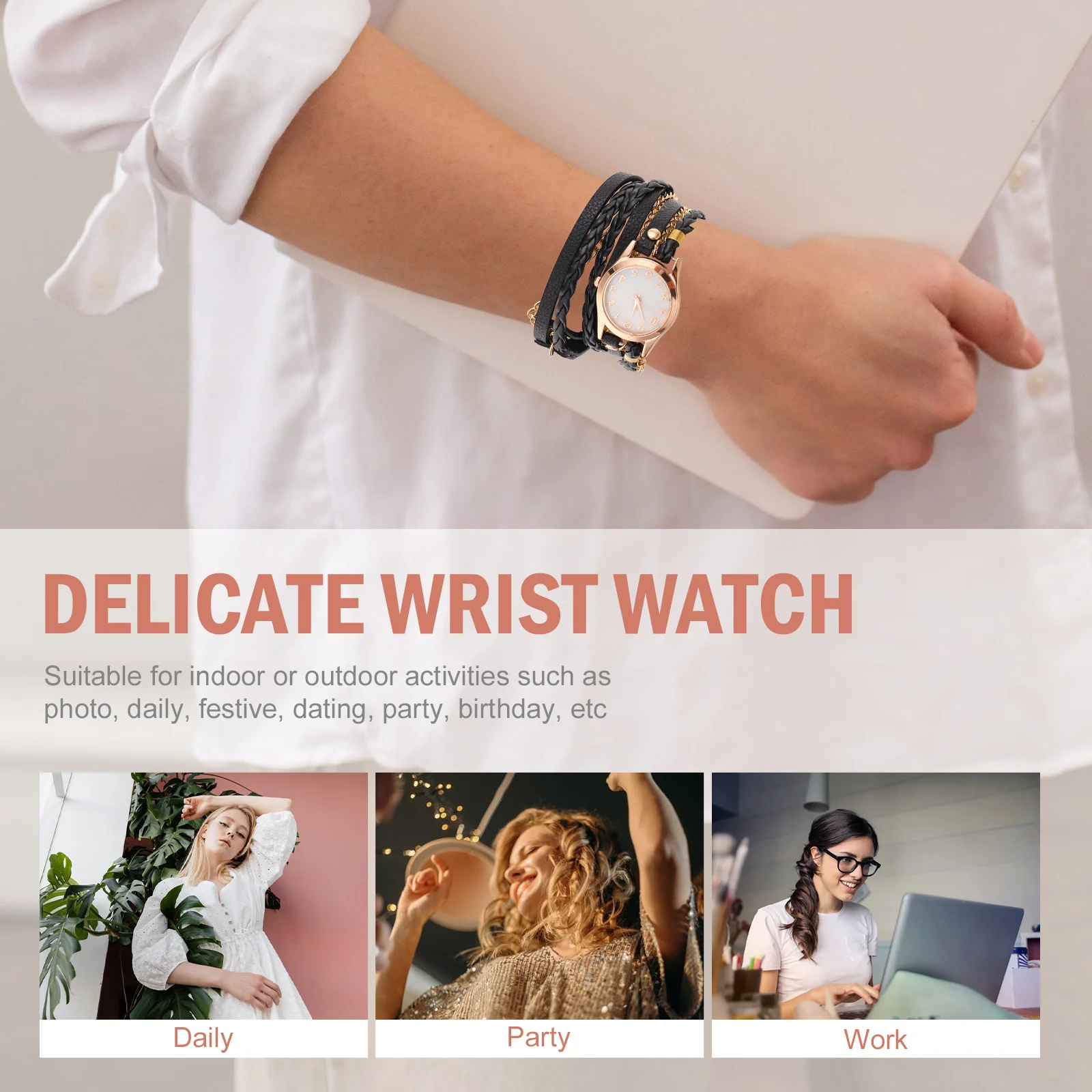 ساعة كوارتز نسائية بتصميم بسيط ورقيق وسوار خفيف الوزن وسلسلة تزيين لحفلات أعياد الميلاد اليومية