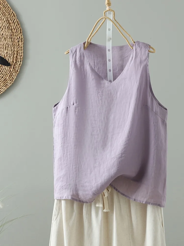 Gilet casual in cotone e lino da donna, base estiva sottile, materiale in lino irt, top in testa, colore artistico, semplice De...