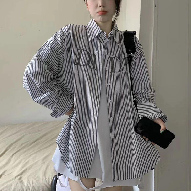 

DAYIFUN Women Shirts Autumn Letter Embroidery Design Vertical Stripe Blouses Mid Length Long Sleeve Loose Blusas Lady Lapel Tops