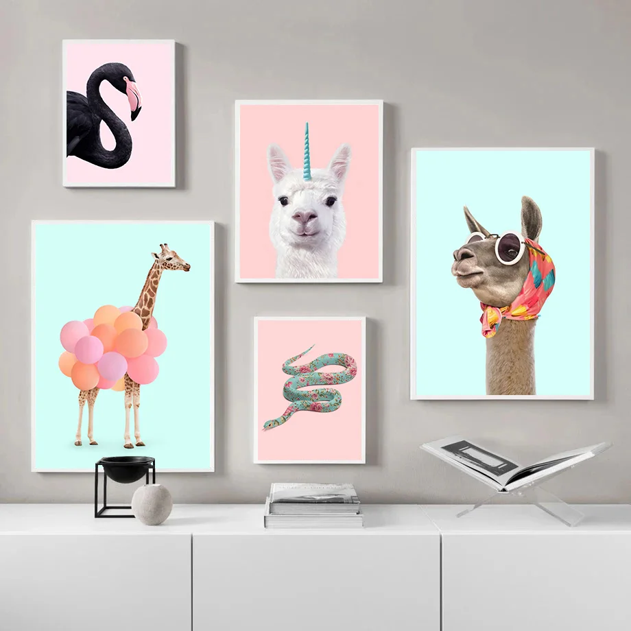 Funny Animal Flower Giraffe Leopard Zebra Pink Lollipop Lion Pizza Canvas Painting Poster and Print Wall Art for Room Home Decor