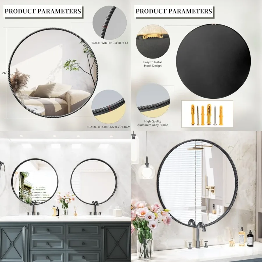 

Round Bathroom Mirrors, 24 inch Circle Wall Mounted Hanging Mirror for Entryway, Living Room, Hallway, Bathroom, Bedroom