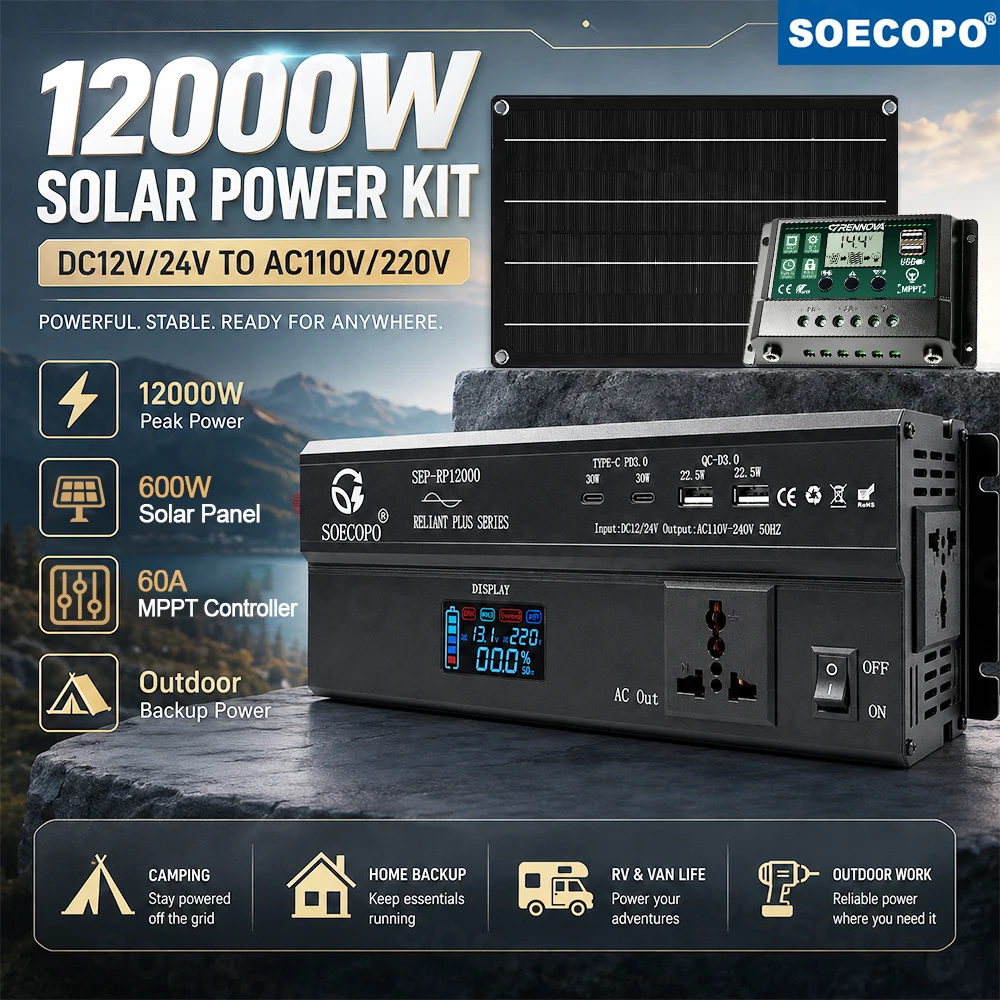 SOECOPO Daily Backup 12000W Solar Power Kit DC12V/24V AC110V/220V 600W Panel + 60A MPPT Controller +Inverter Emergency Use Home