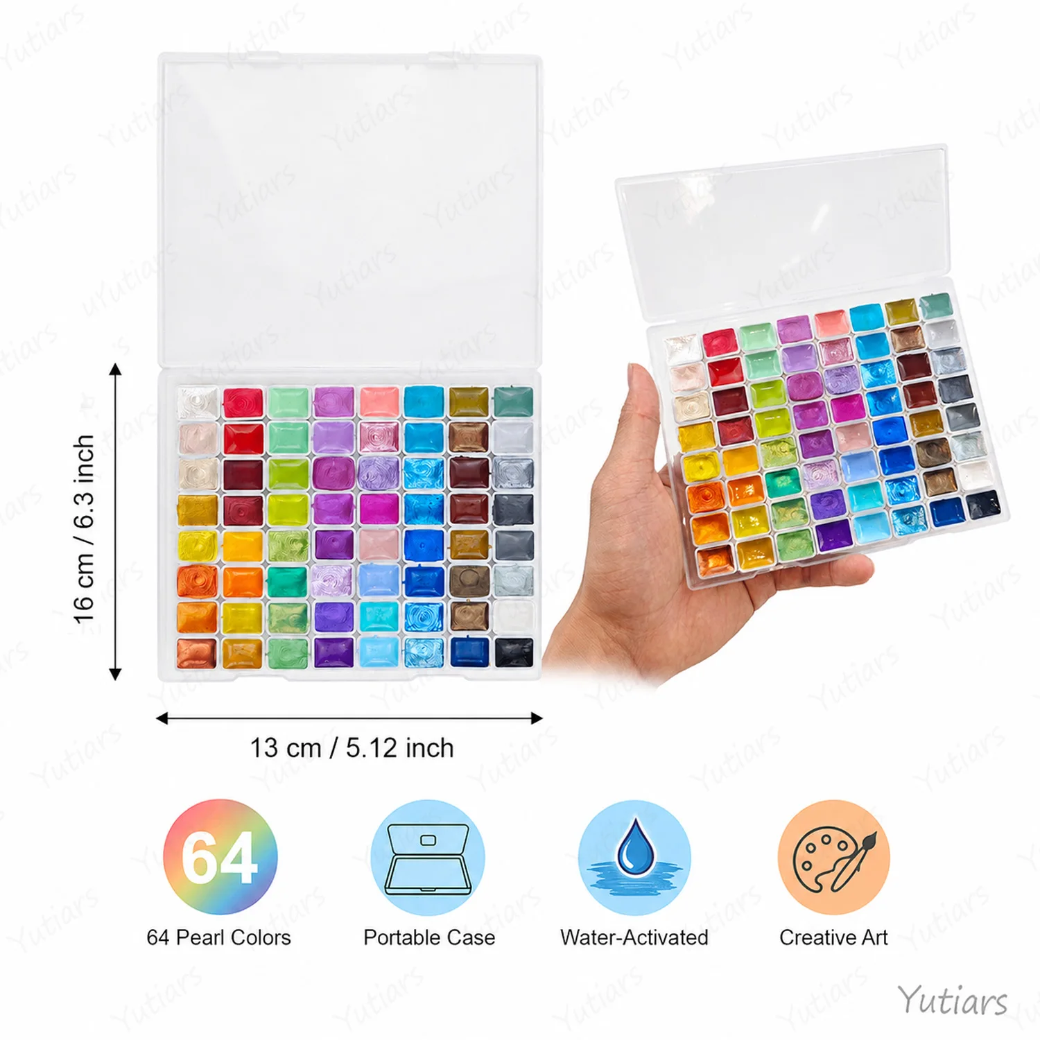 64 Color Pearl Watercolor Palette, Solid Shimmer Paint Set with Rich Pigments for Art, Cards, Scrapbooking, Crafts and Illustrat