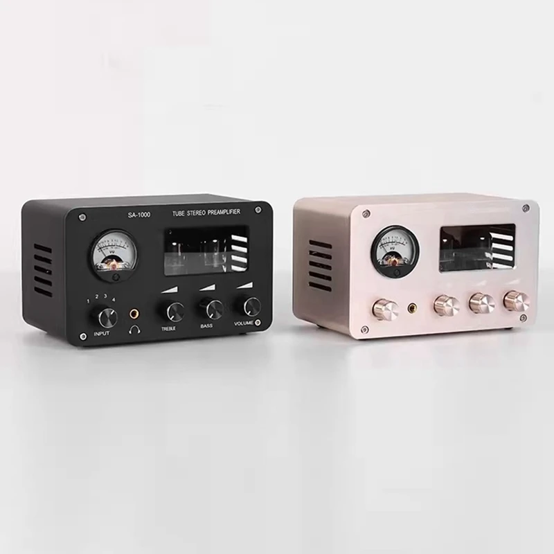 ABGZ-Audiophile Tube 4 Input 2 Output with Built-in VU Level Meter High-Bass Adjustment Headphone Amplifier with US Plug, B