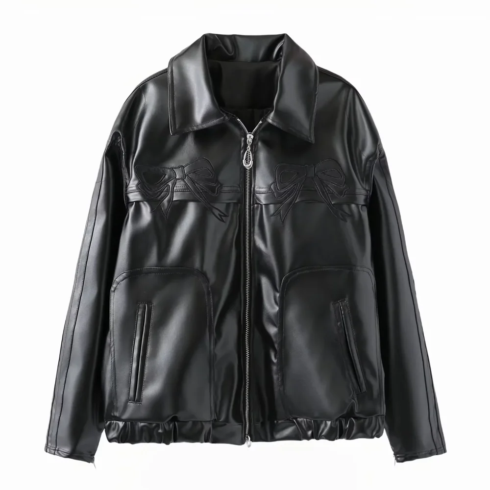 Kar&Otza Women\'s 2024 new retro French fashion design with a sweet and cool bow black leather jacket