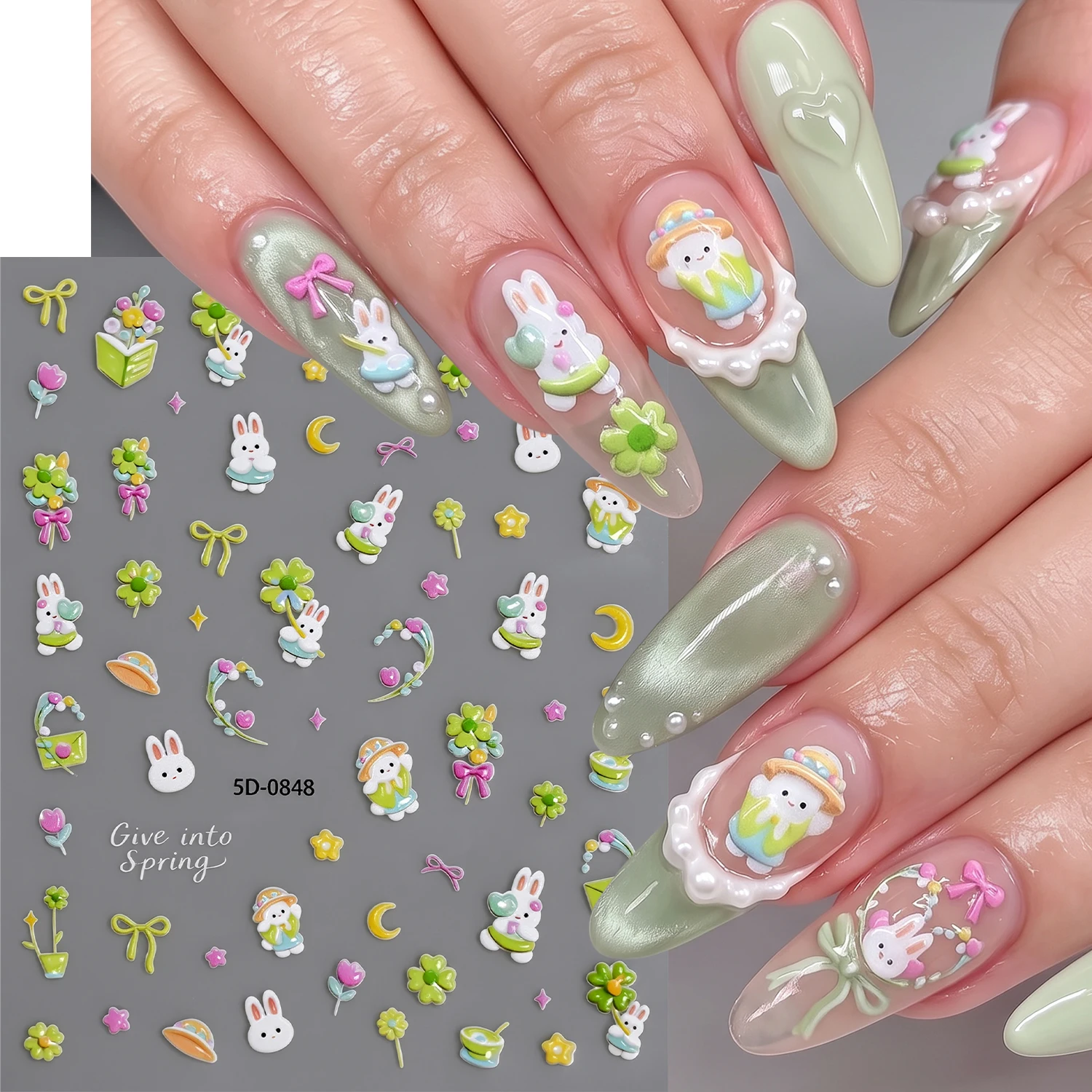1Sheet 5D Four-leaf Clover White Rabbit Nail Stickers Kawaii Straw Hat Bunny Bow Nail Decals Plant Flower Animal Manicure Decals