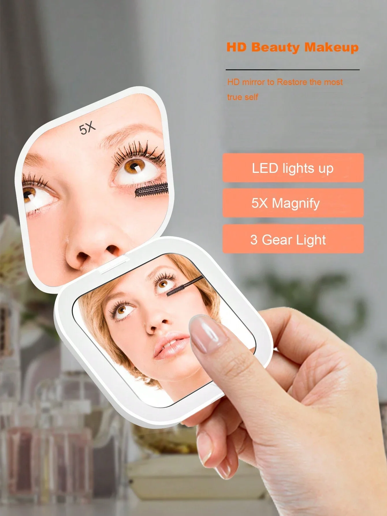 Square LED New Handheld Double-Sided Clamshell Round Pocket Folding With Light Led Makeup Mirror Compact 3x Magnification Cosmet