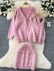 Autumn Fashion Sweet Knitted 3 Piece Set Women Sling Vest+Long Sleeves Cardigan+Sweater Female Skirt Solid Casual Chic Suits New