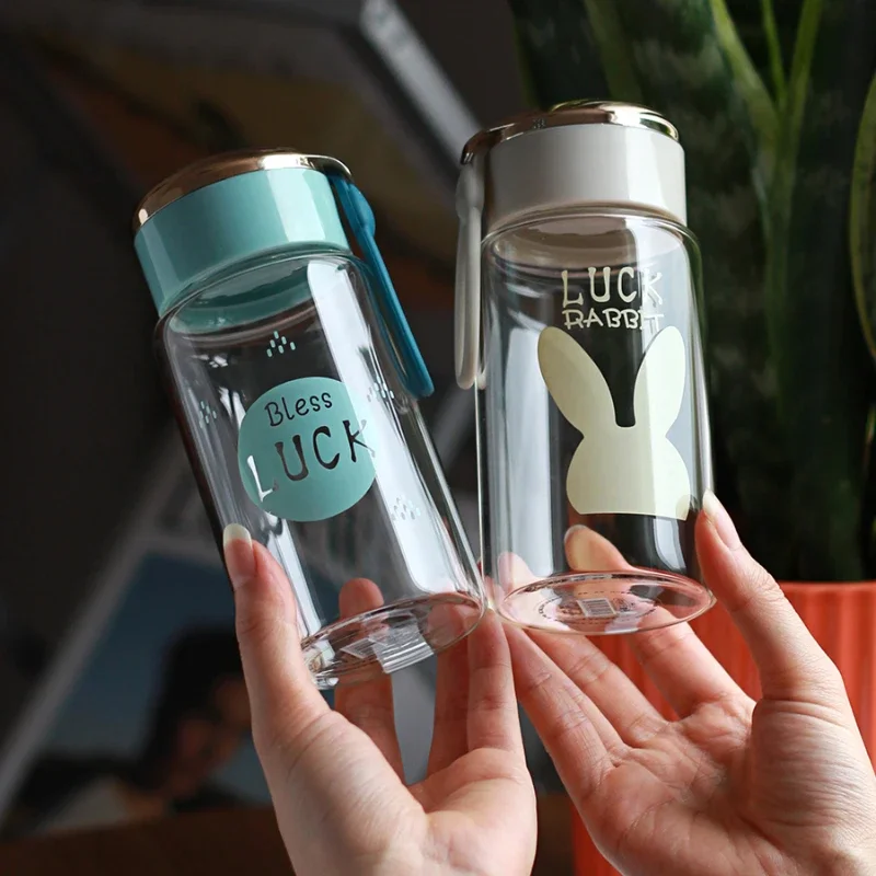 300ml Lucky Letter Glass Mini Simple Fresh Lovely Water Bottle with Cover Rope Small Capacity Portable Heat Resistant Coffee Cup