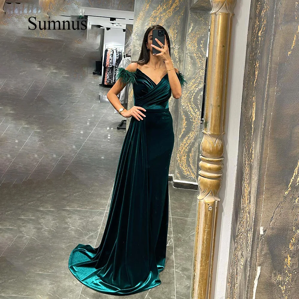 

Sumnus Dark Green Velvet Mermaid Evening Dresses Feather Off the Shoulder Transparent Straps Navy Blue Formal Gowns With Train
