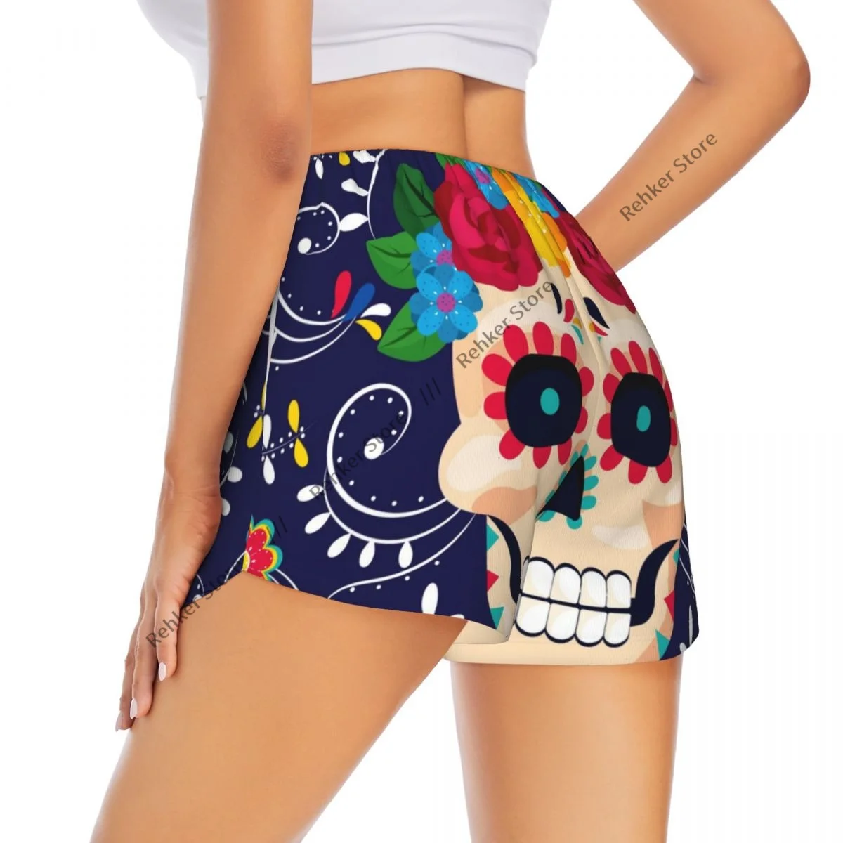 운동 반바지 여성 피트니스 빠른 건조 더블 레이어 반바지 해골 꽃 멕시코 운동 요가 짧은 바지 체육관 레깅스