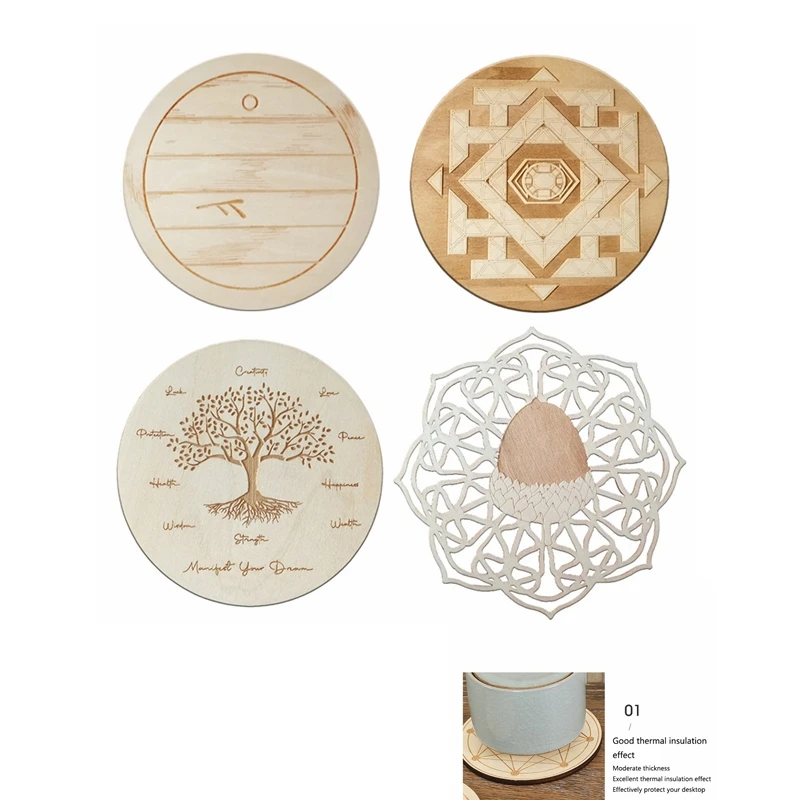 10Pcs Circular geometric pattern wooden Hexagram Star Crystal Energy Stone tray Christmas decoration insulated cushion coaster