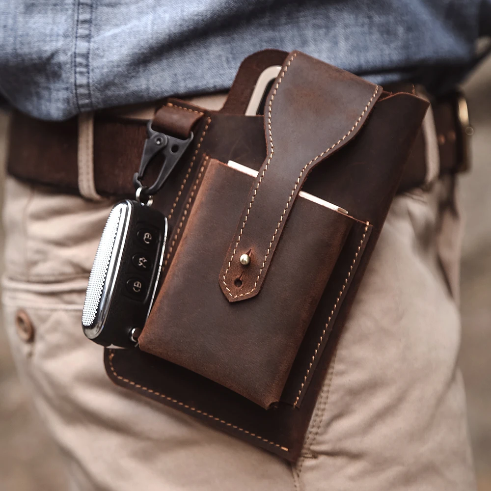 

Vintage Crazy Horse Leather Waist Pack for Men Multifunction Tool Sports Outdoor Cellphone Holster Belt Man Waist Bag