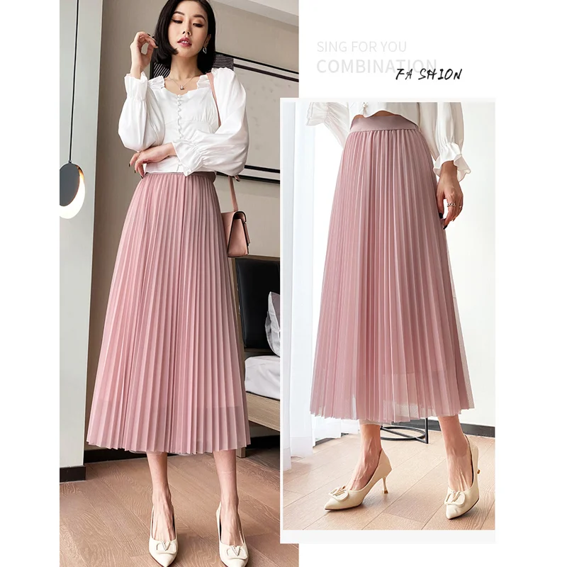 2022 summer tulle skirt women's mid-length pleated skirt black tulle skirt women spring fashion elastic high-waist pleated skirt