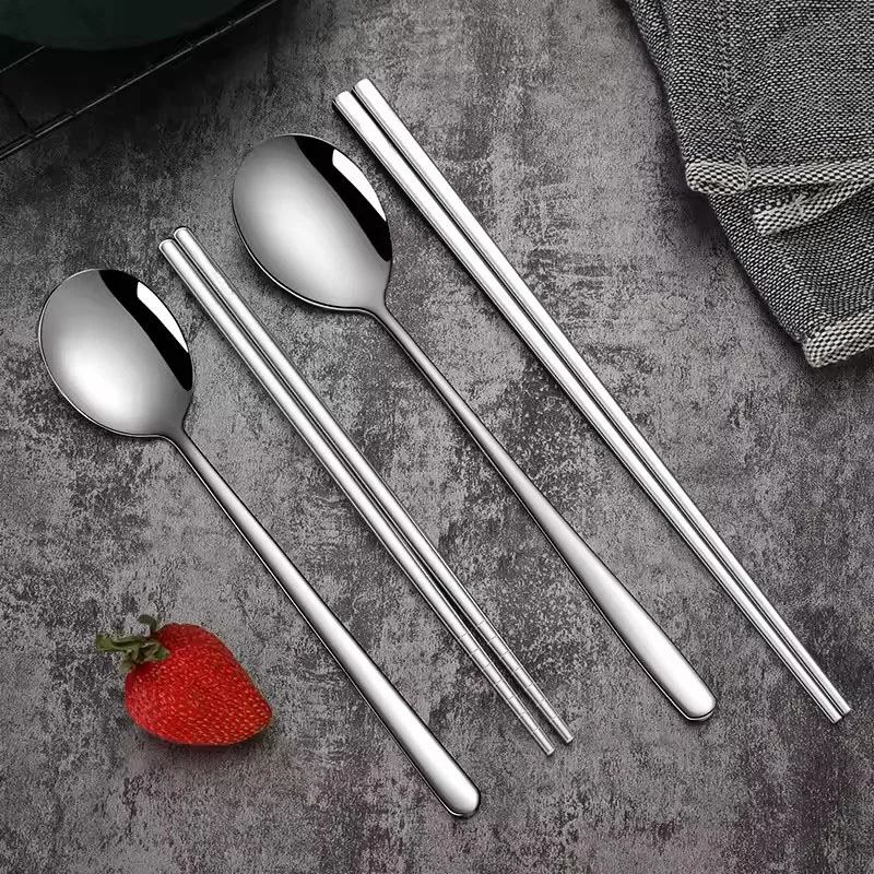 Juego de vajilla, cucharas, palillos, cuchara de sopa de comida antideslizante, juego de vajilla coreana de acero inoxidable de alta gama reutilizable con mango largo