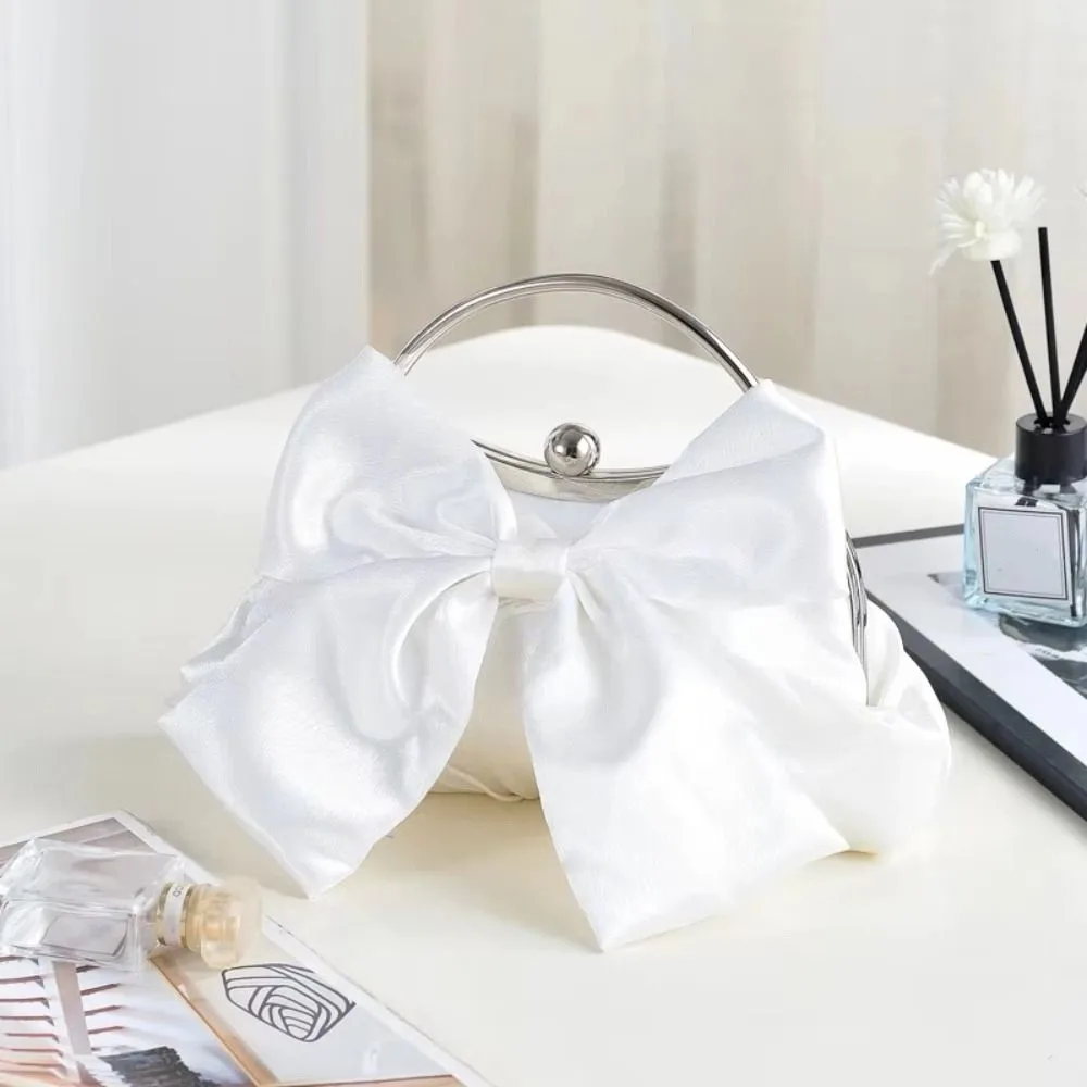 

Elegant Bridal Clutch Bag Metal Handle Satin Bow Bow Evening Handbag White/Gold Chain Shoulder Strap Wedding Purse Women