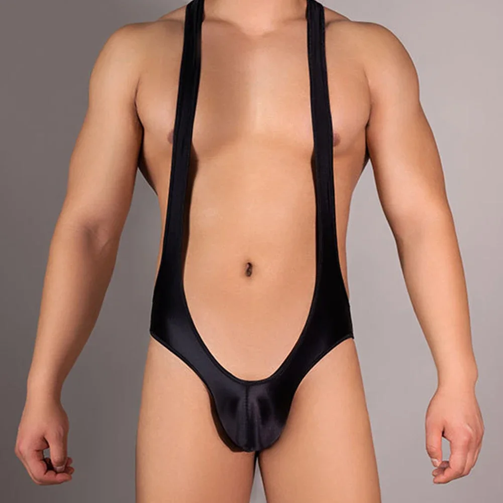 Bodysuit Men Men's Solid Shiny Bodysuit Stretchy High Cut Backless Thong and Suitable for Lingerie and Swimwear