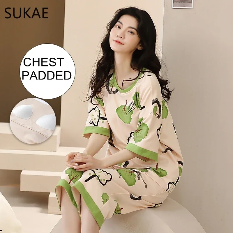 Sukae-女性用コットンパジャマセット,パッド入りベスト,カジュアルパンツ,七分袖,ショーツ,夏