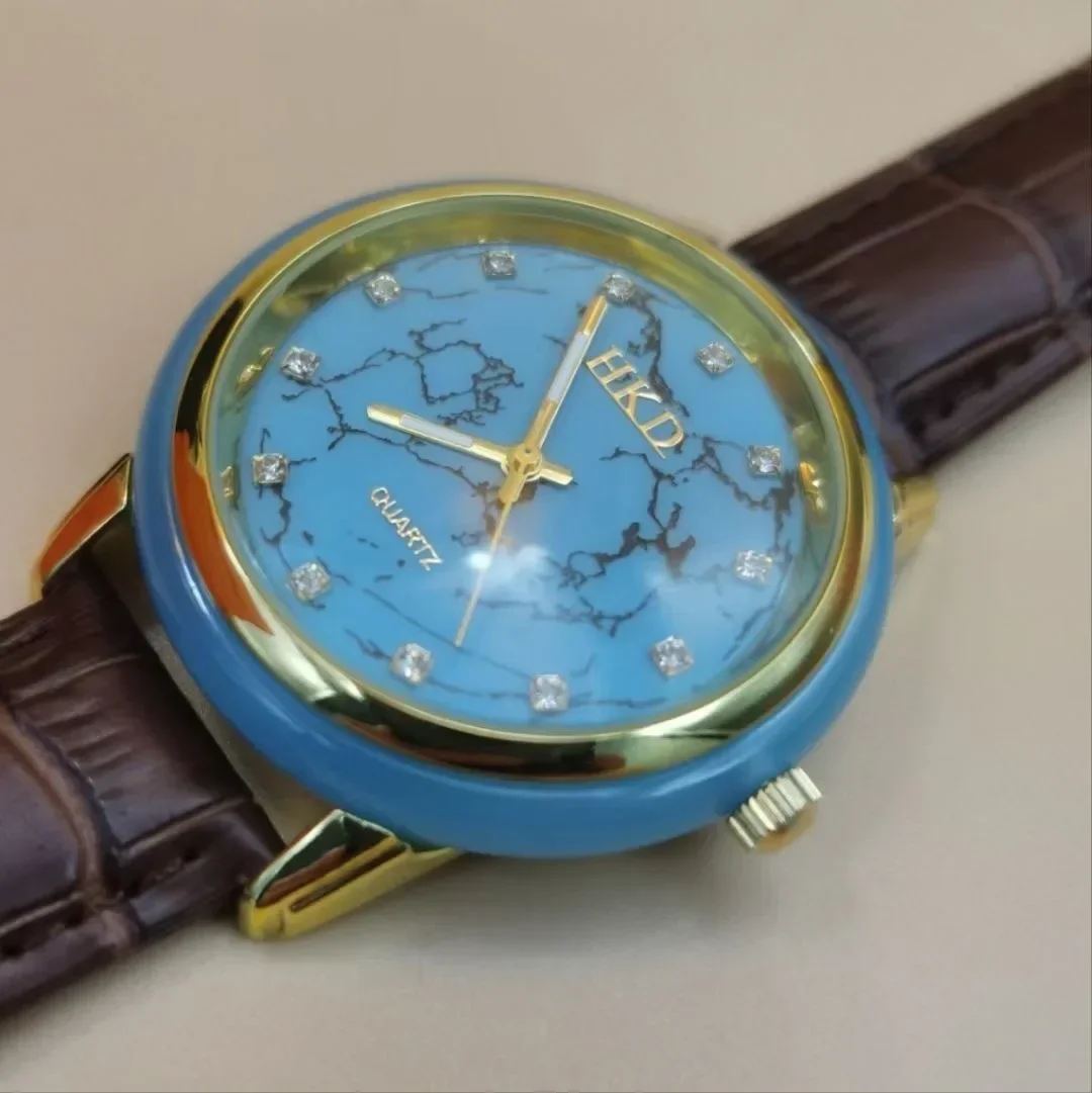 Natural Jade Stone Turquoise Men Watch Quartz Wristwatch Clock Male Luxury Blue Gemstone Case Dial Vintage Diamond Leather Reloj